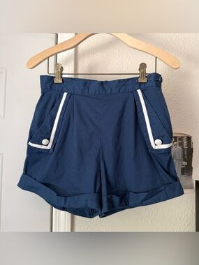 HELL BUNNY navy blue cotton contrast sailor nautical pinup mod high rise shorts